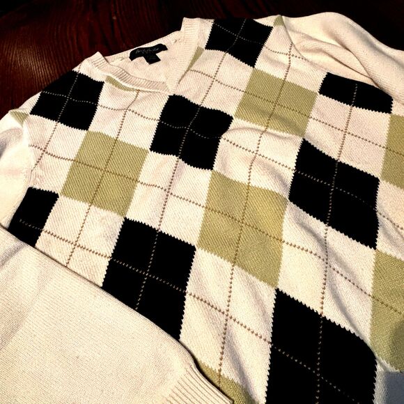 Brooks Brothers Sweater Men's L Cream/Green Argyle V Neck Golf Cotton Cashmere - Picture 3 of 11